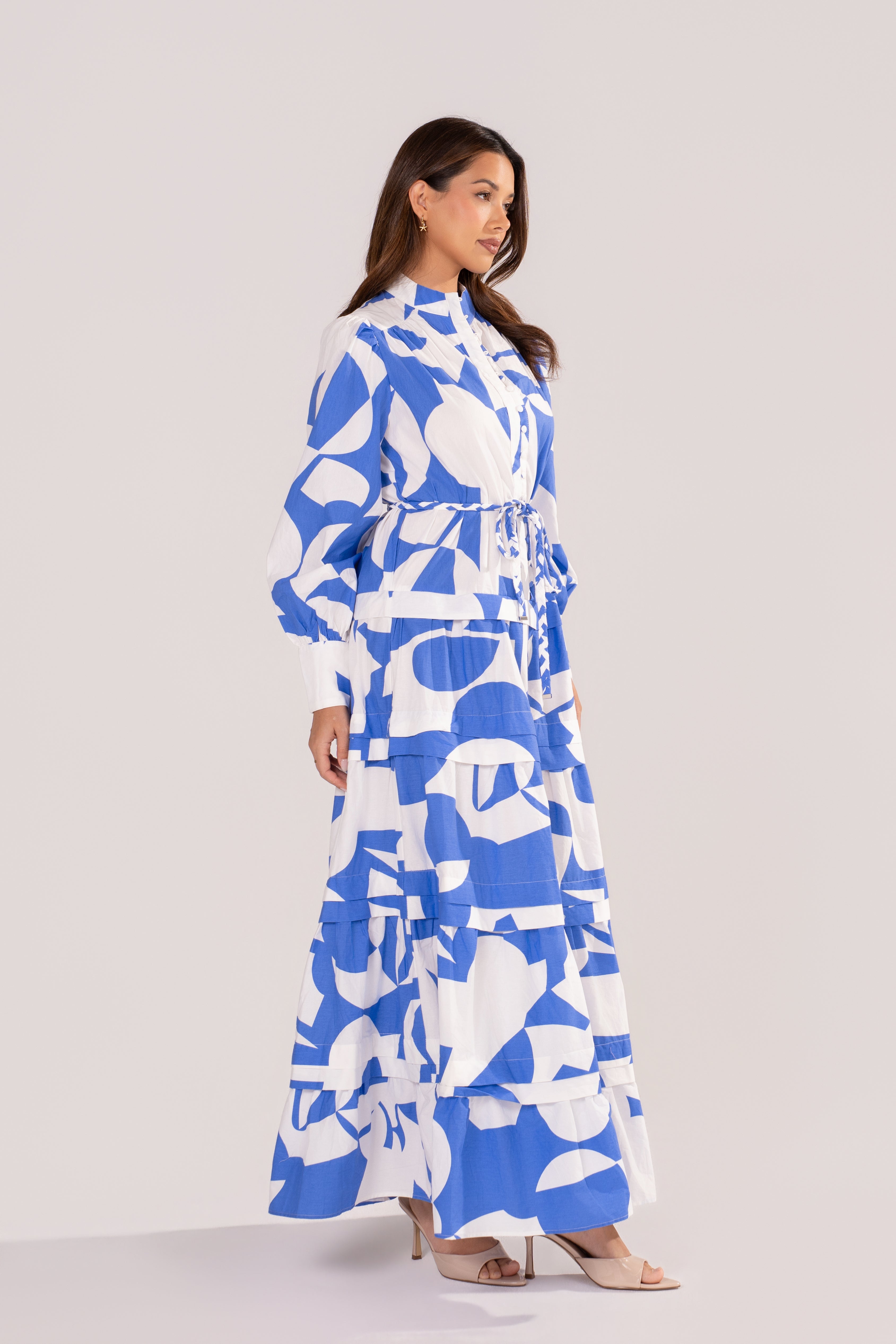 Kayla Blue Print Maxi Dress with Adjustable Waist Tie