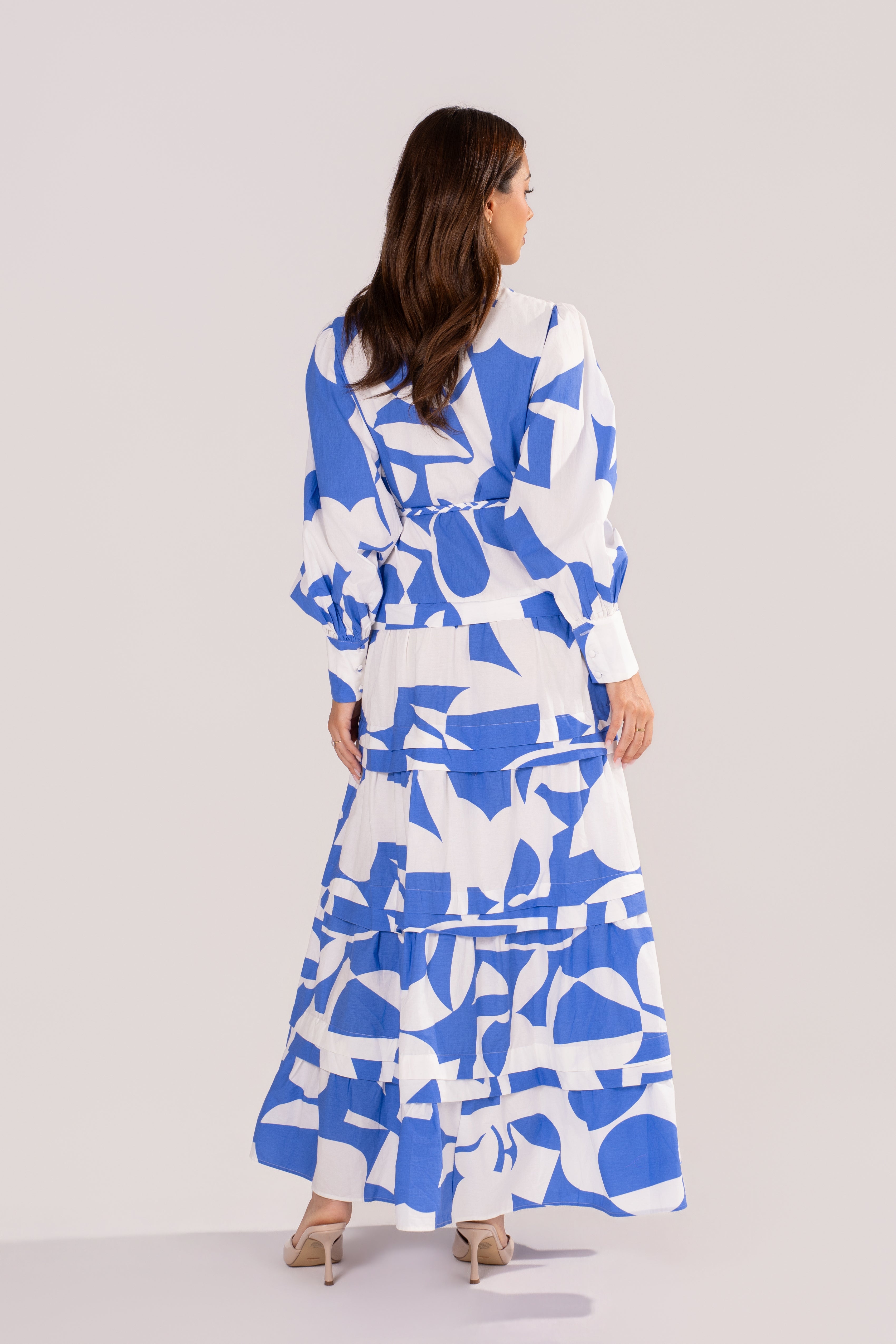 Kayla Blue Print Maxi Dress with Adjustable Waist Tie