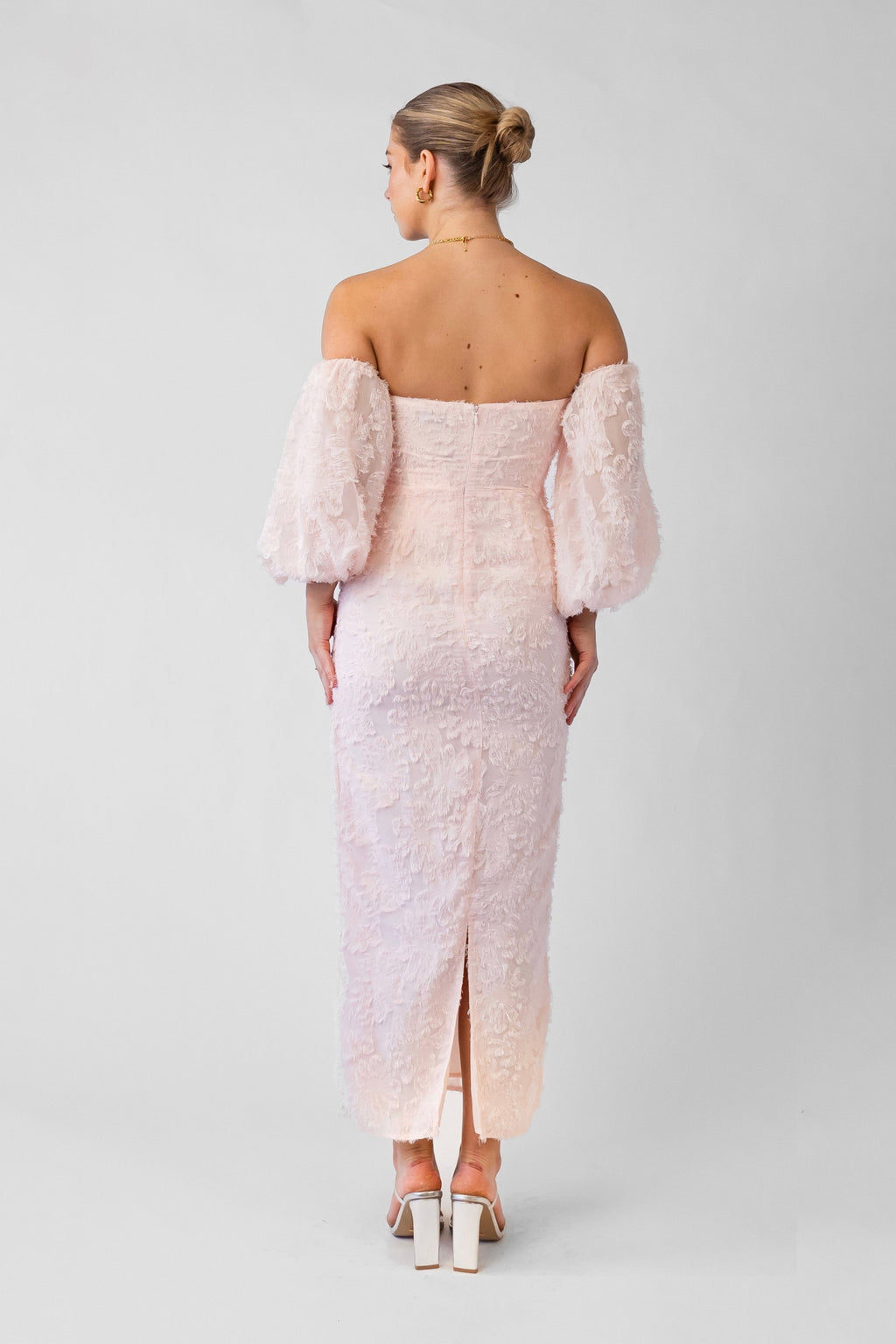 Kylie Off-Shoulder Blush Midi Dress with Puffed Sleeves