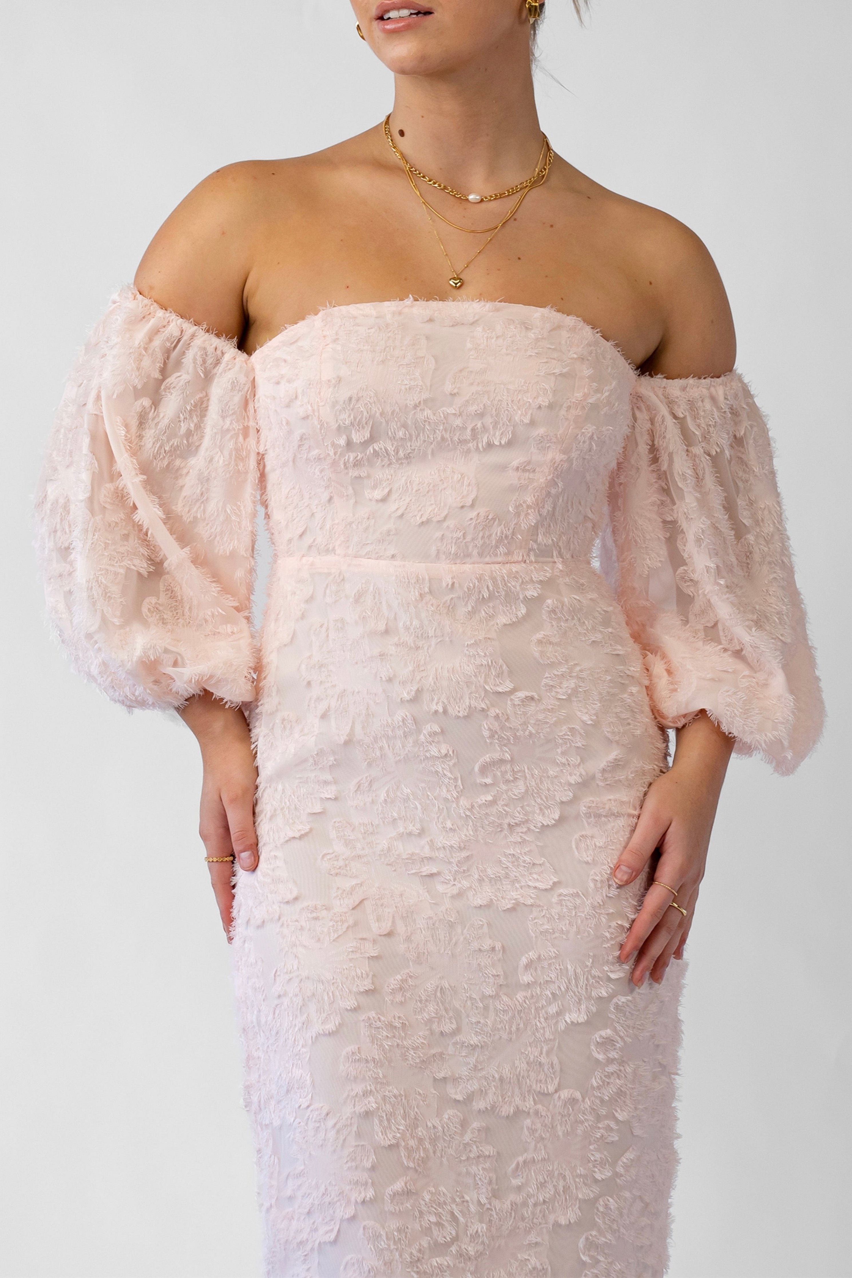 Kylie Off-Shoulder Blush Midi Dress with Puffed Sleeves