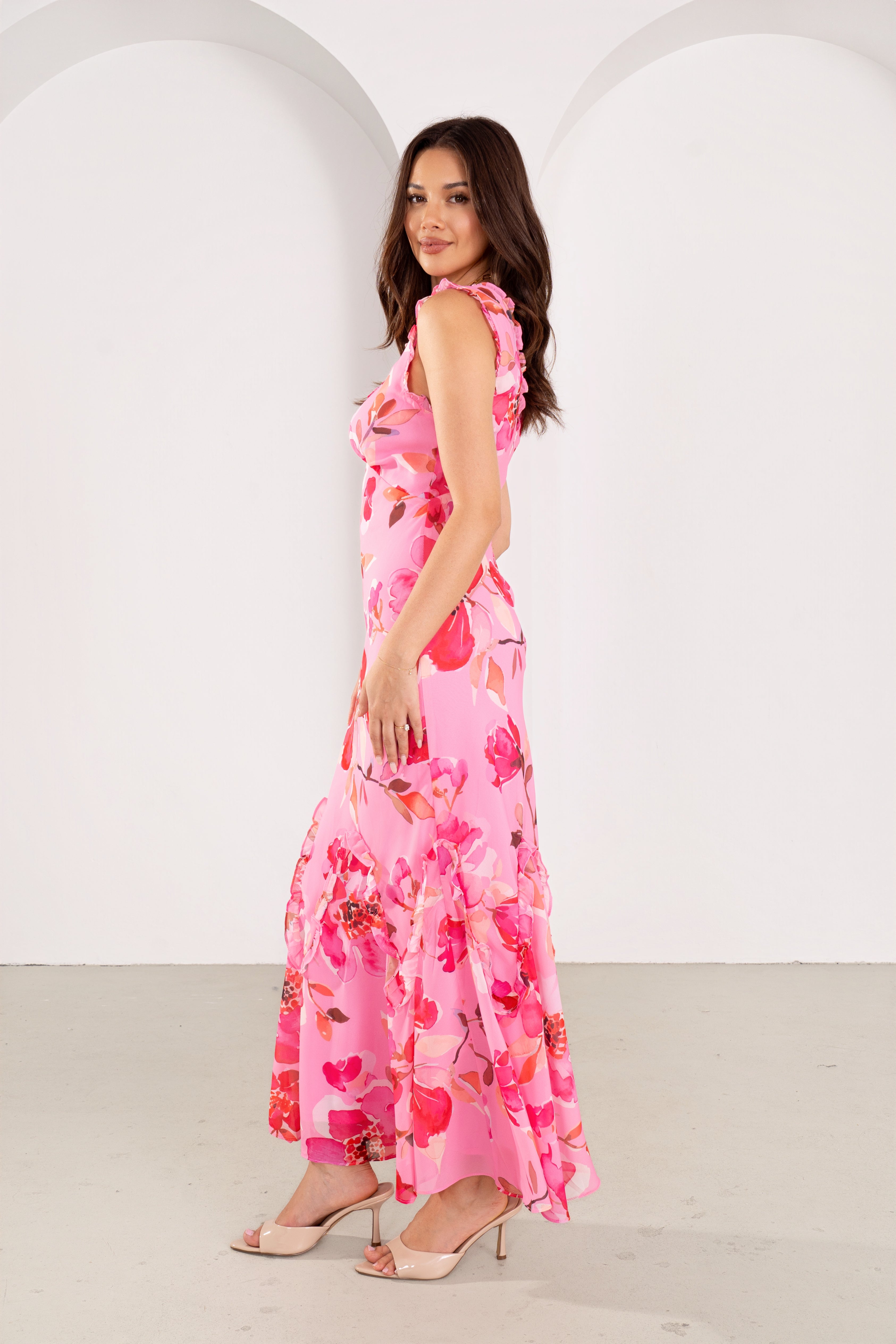 Marie Pink Floral Ruffle Maxi