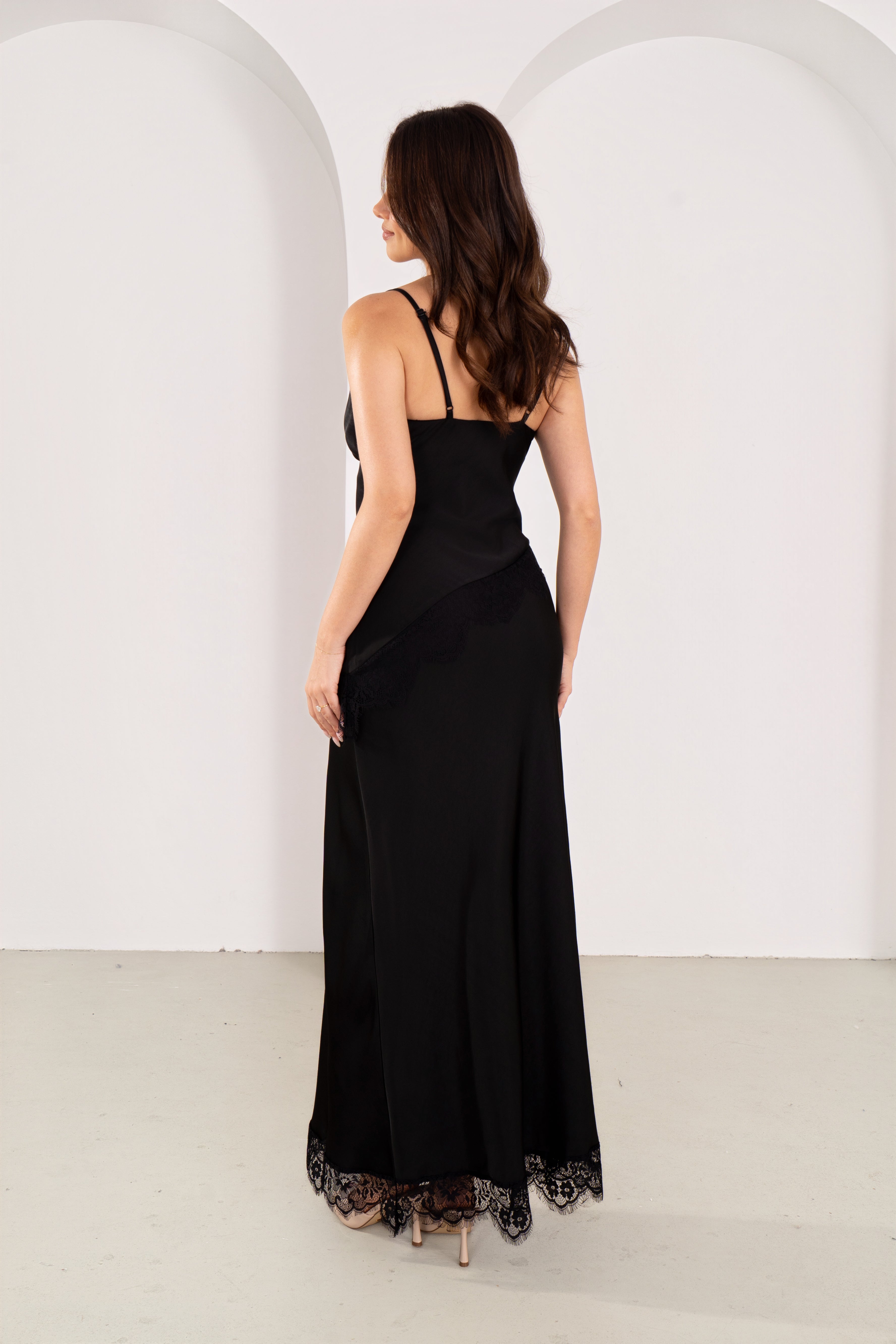 Nerisse Black Cowl Slip Dress with Lace Trims