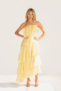 Piper Strapless Yellow Cascading Tier Maxi Dress