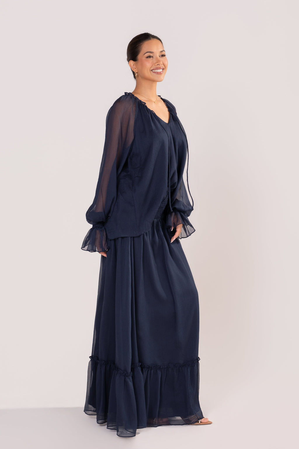 Querida Long Sleeve Navy Blouse & Maxi Skirt Set