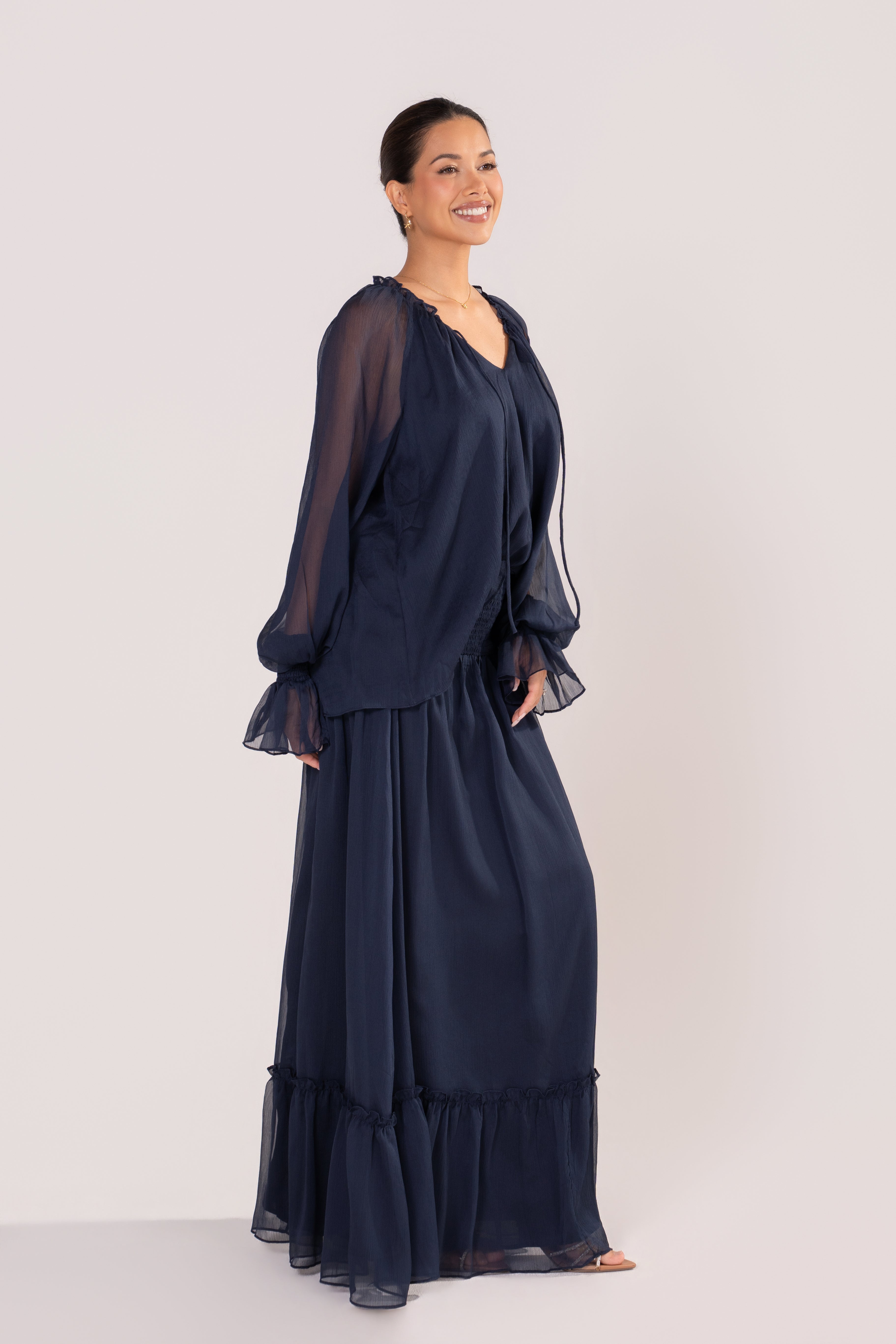 Querida Long Sleeve Navy Blouse & Maxi Skirt Set