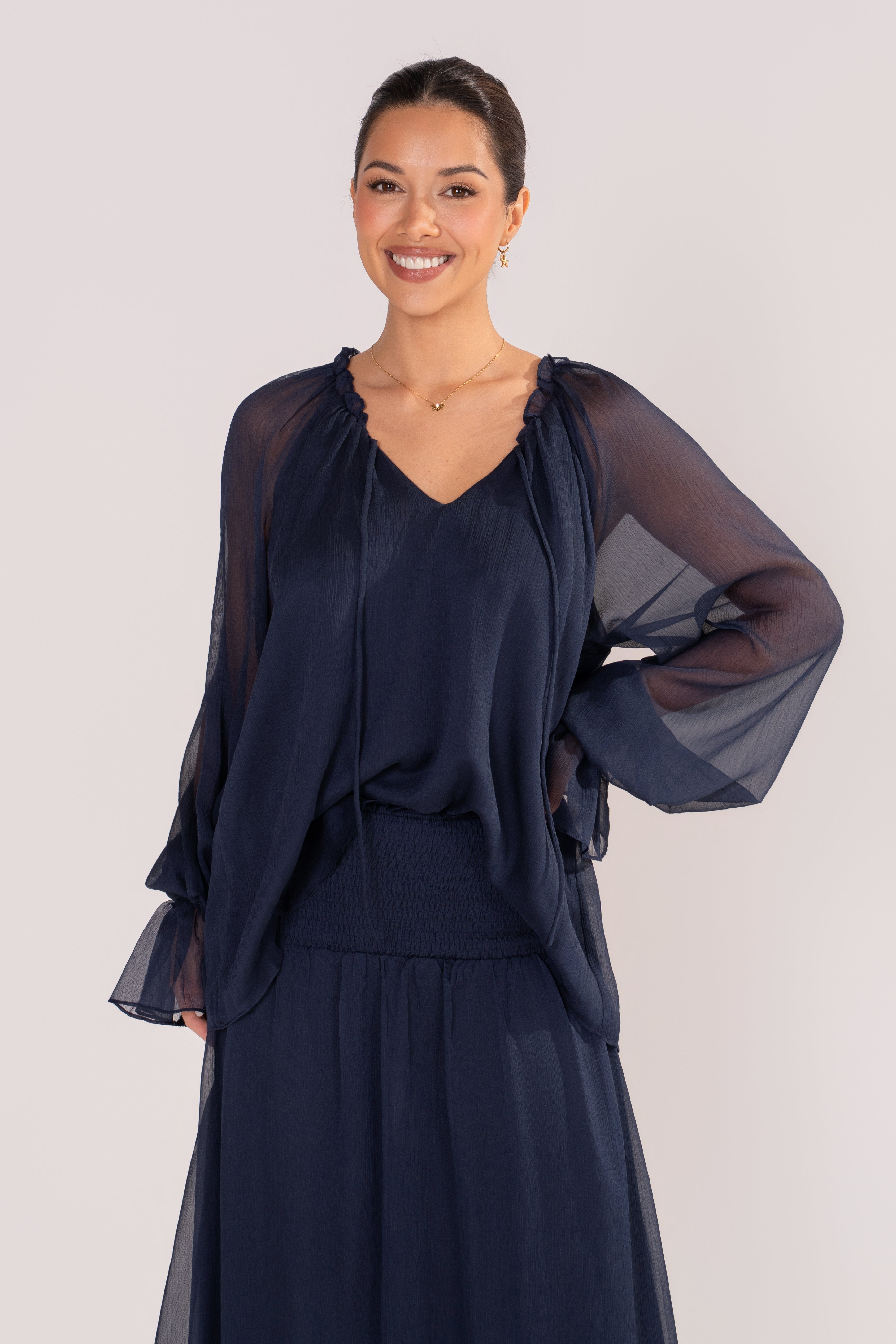Querida Long Sleeve Navy Blouse & Maxi Skirt Set
