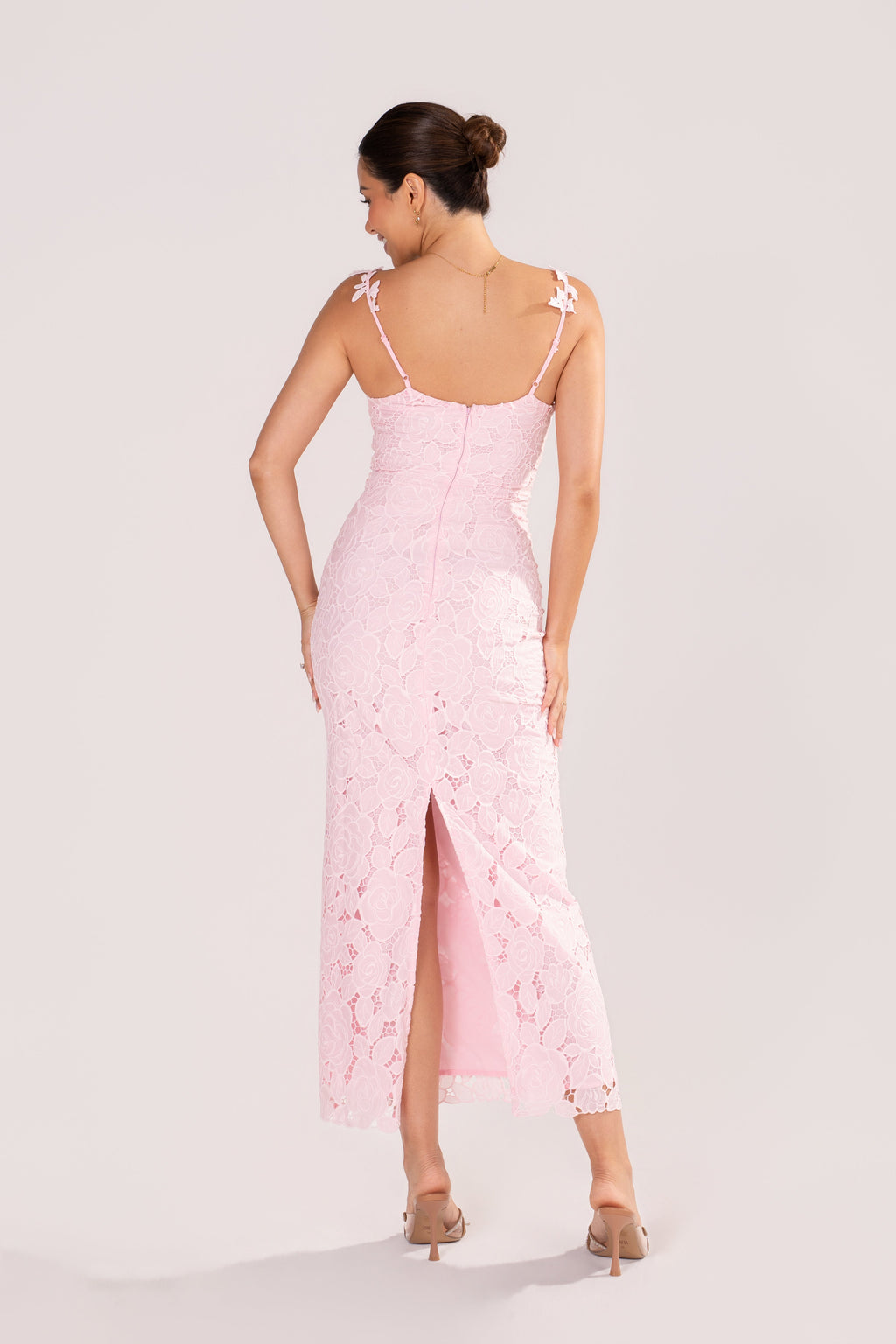Veda Pink Floral Lace Midi Dress