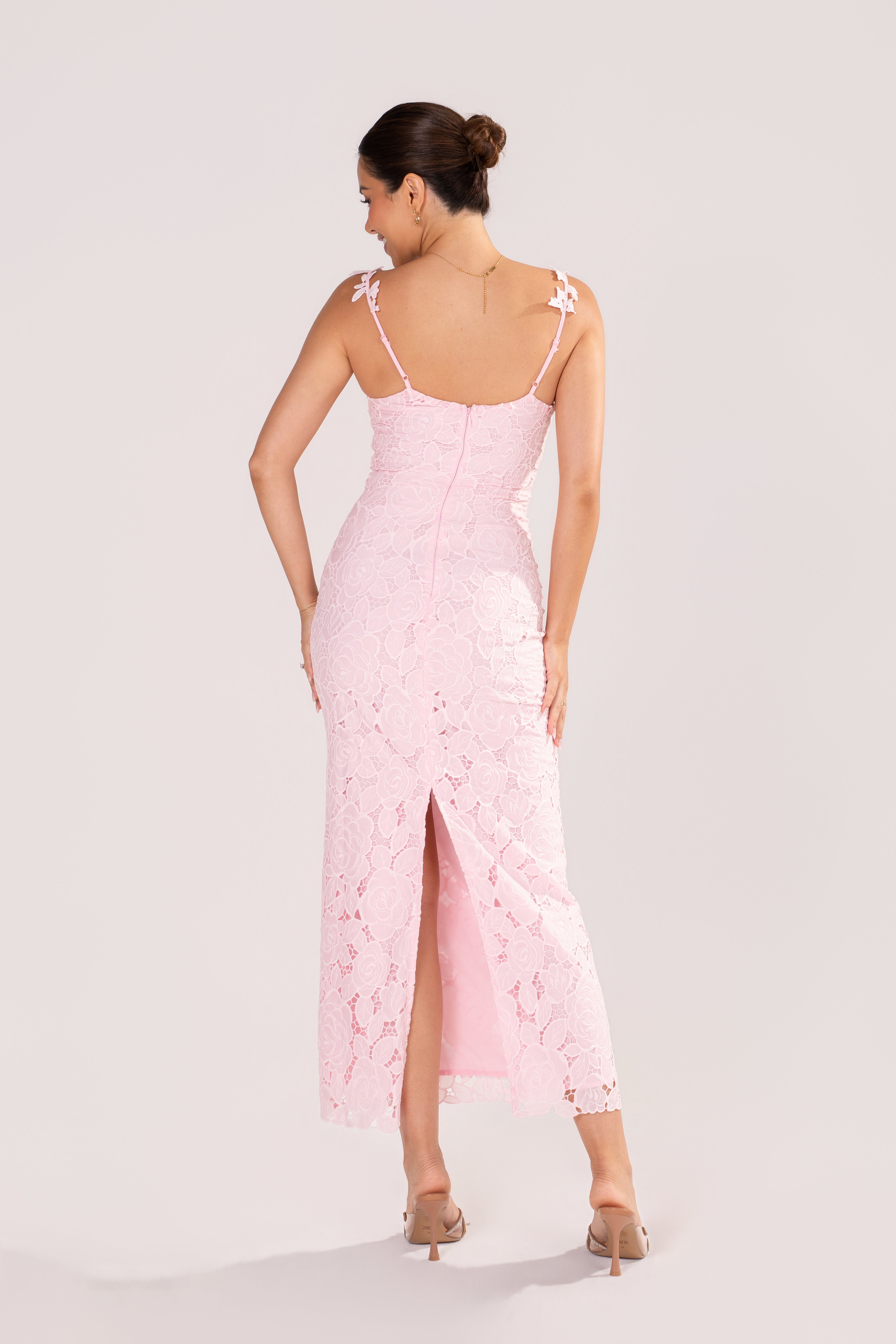 Veda Pink Floral Lace Midi Dress