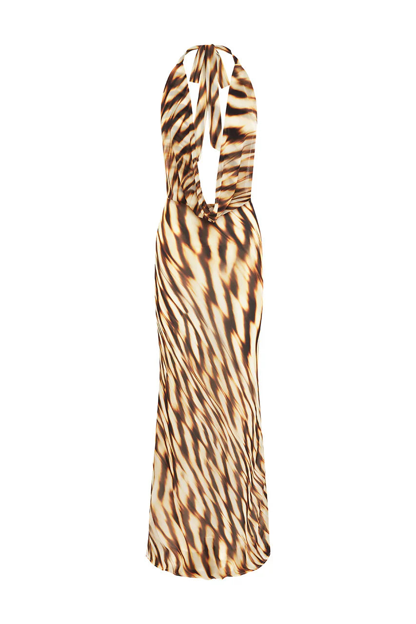 LEXIE LOW PLUNGE HALTER MAXI DRESS - ARIZONA CHOC