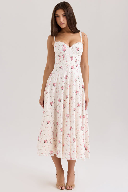 white stretch cotton rose print midi sundress