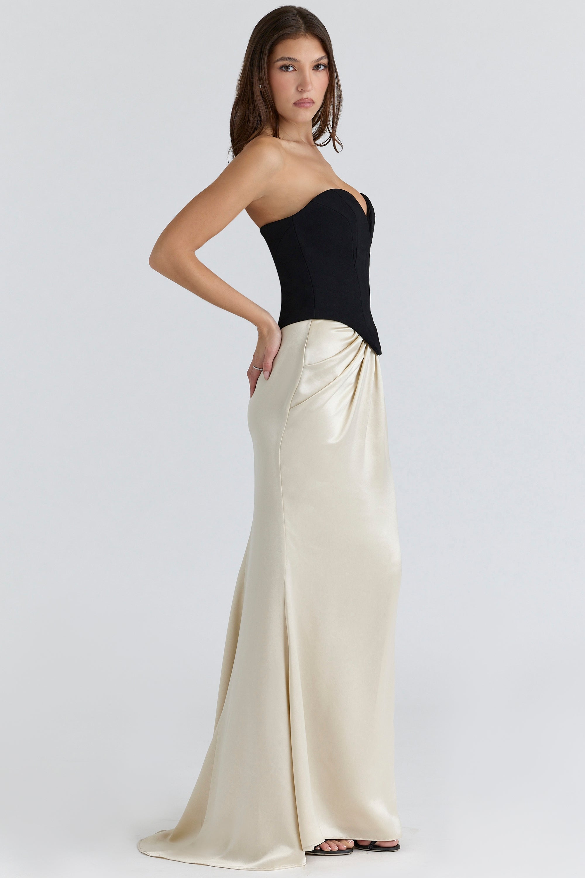 black & champagne corset maxi gown
