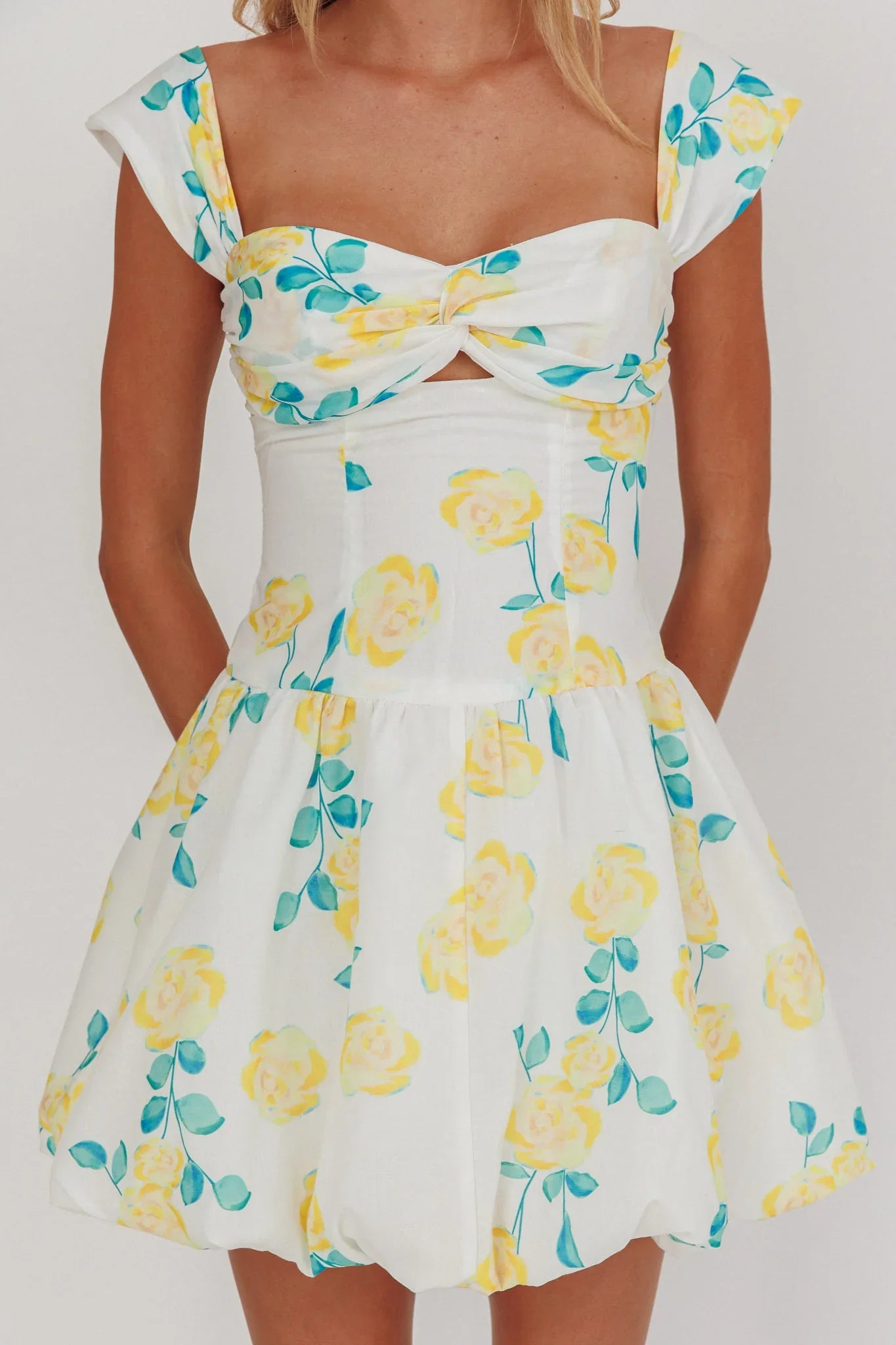 Cadi Twist Bust Balloon Mini Dress Floral Yellow