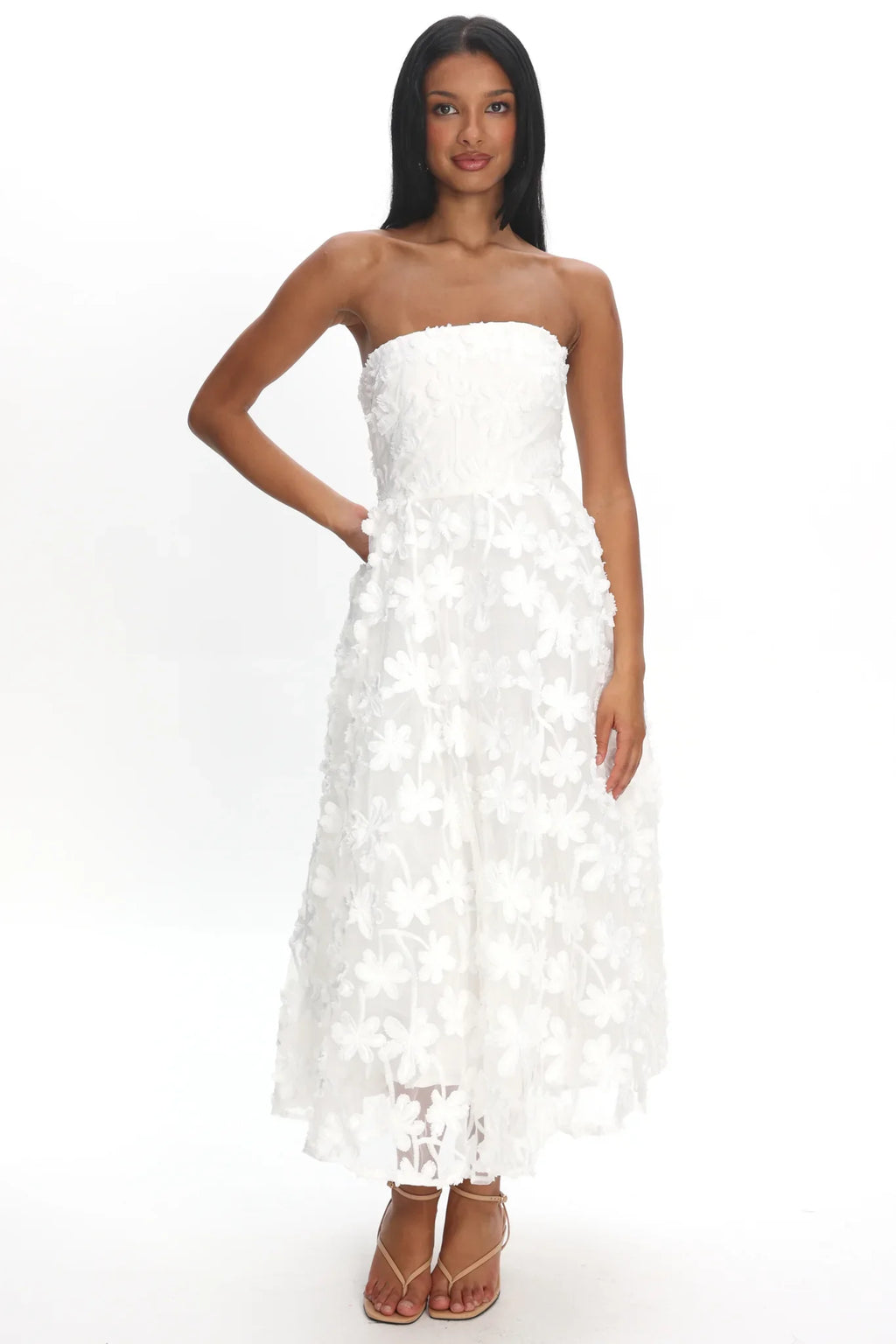 Dori Floral Embellished Midi Dress White