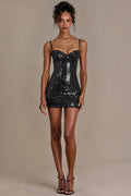 Sequin Lace Corset Mini Dress in Black