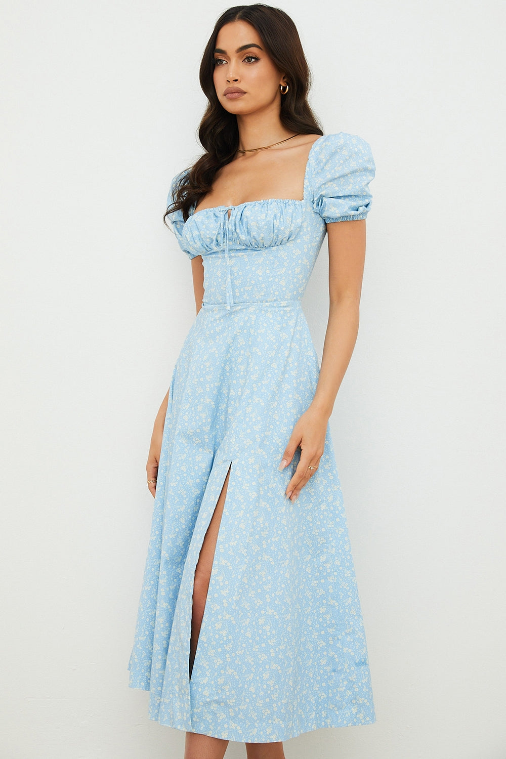 blue ivory floral puff sleeve midi dress