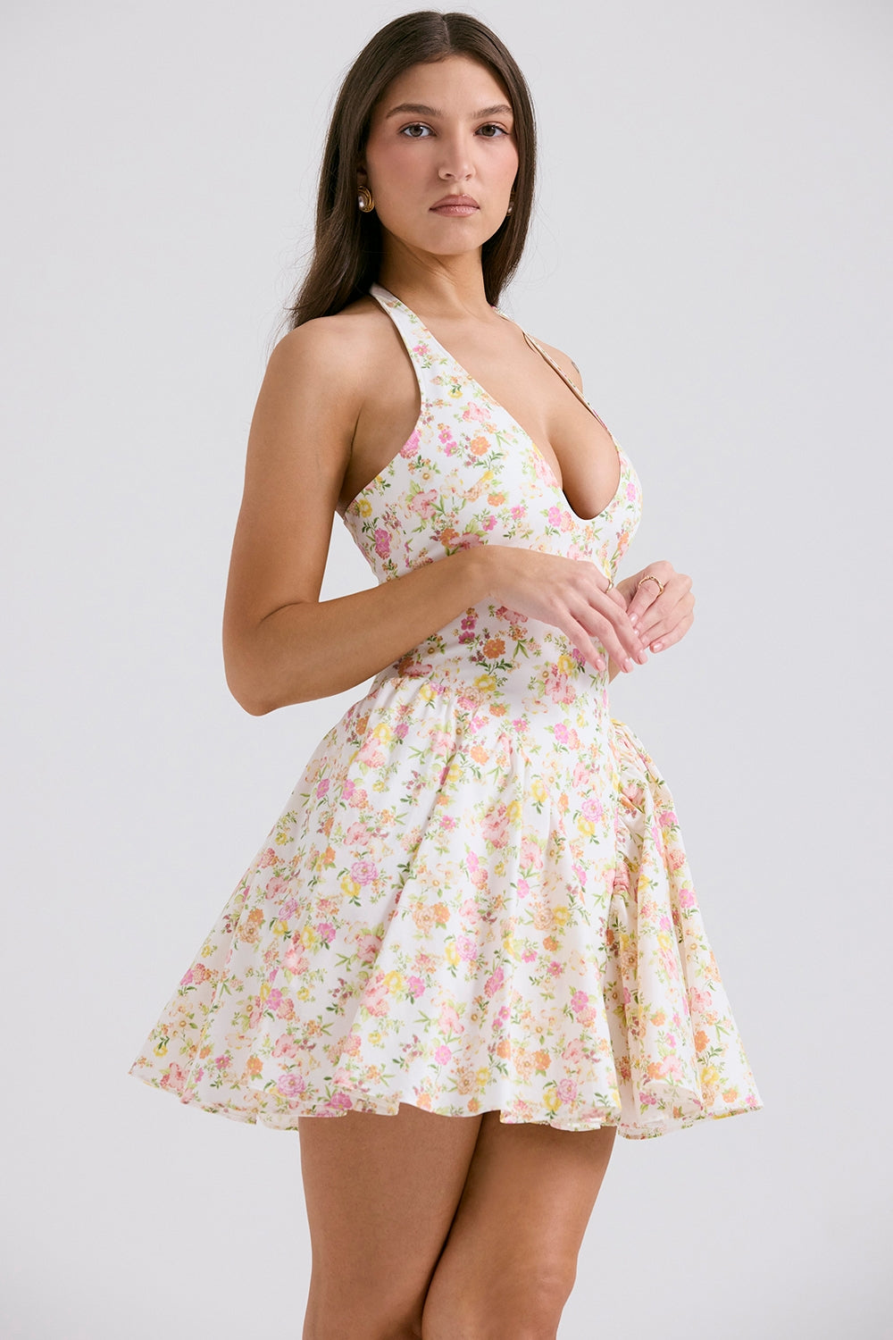 ivory meadow print cotton halter mini dress