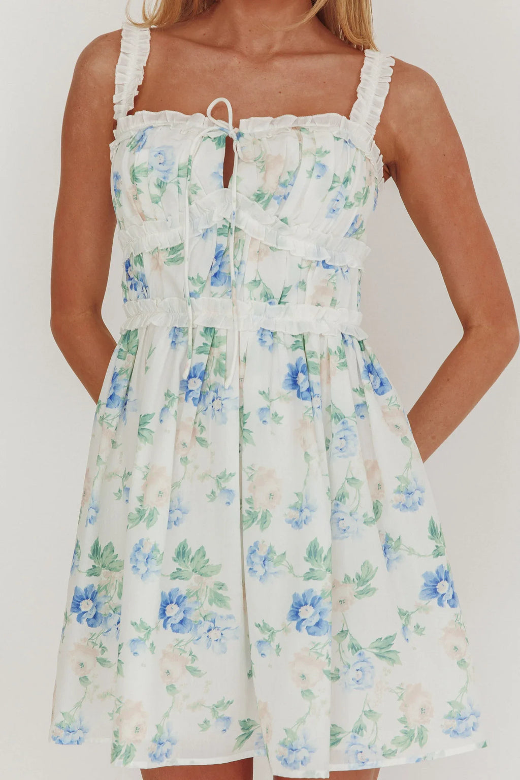 Jordanne Frill Trim Mini Dress Floral Blue