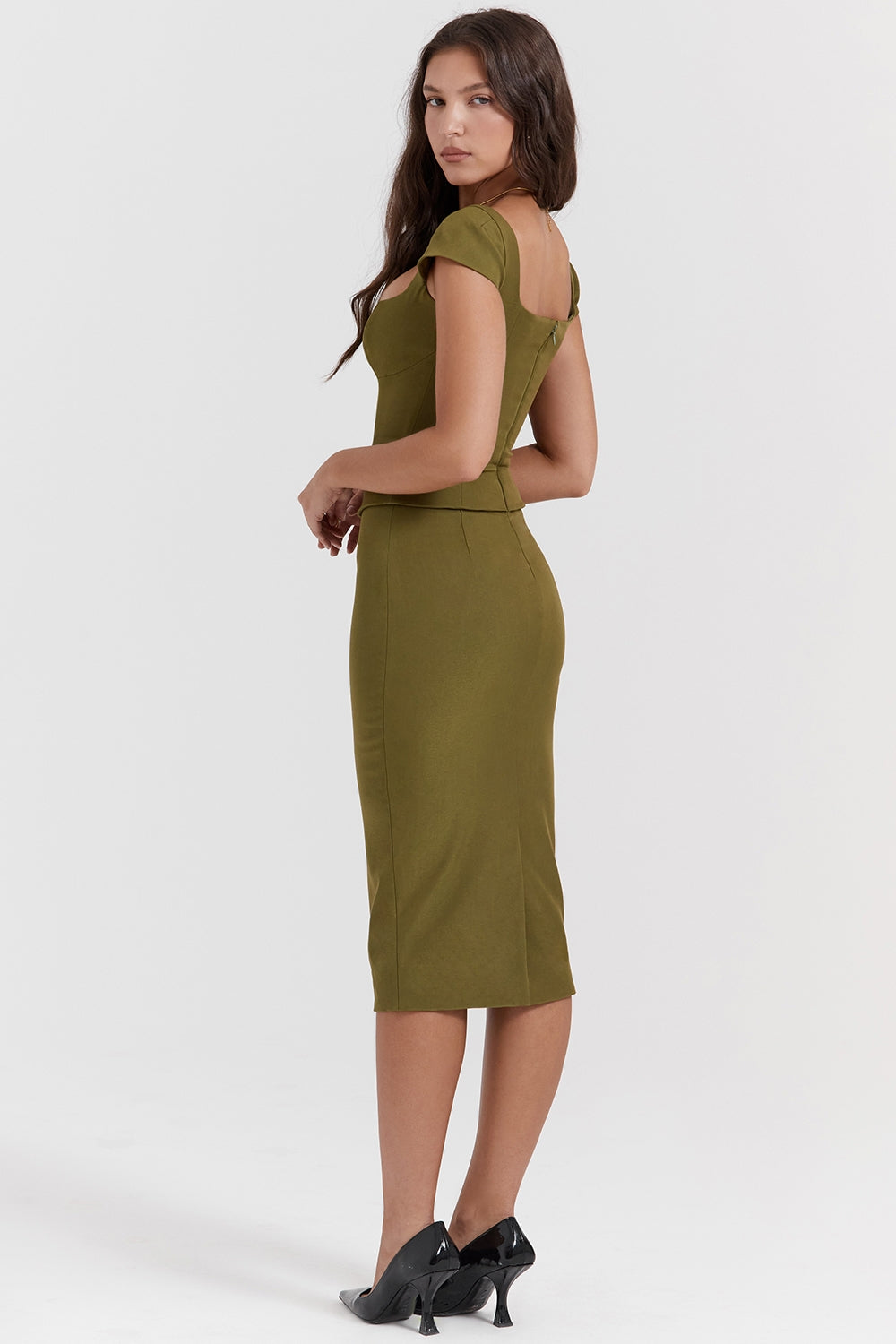 olive corset midi dress
