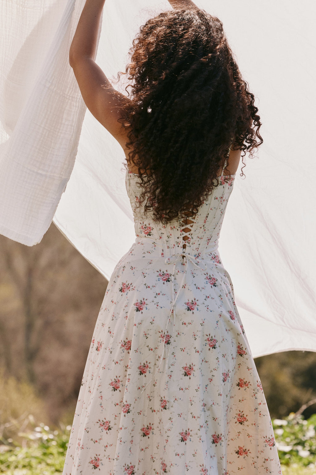 white stretch cotton rose print midi sundress