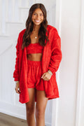 Fuzzy Comfort Shorts, Top and Cardigan Set - Red