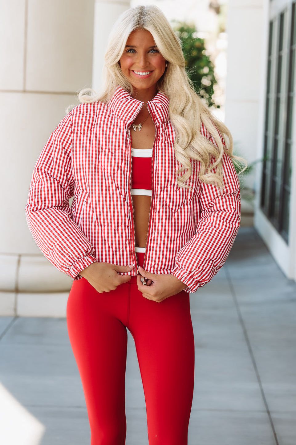Hearts Beat Loud Gingham Puffer Jacket - Red and white