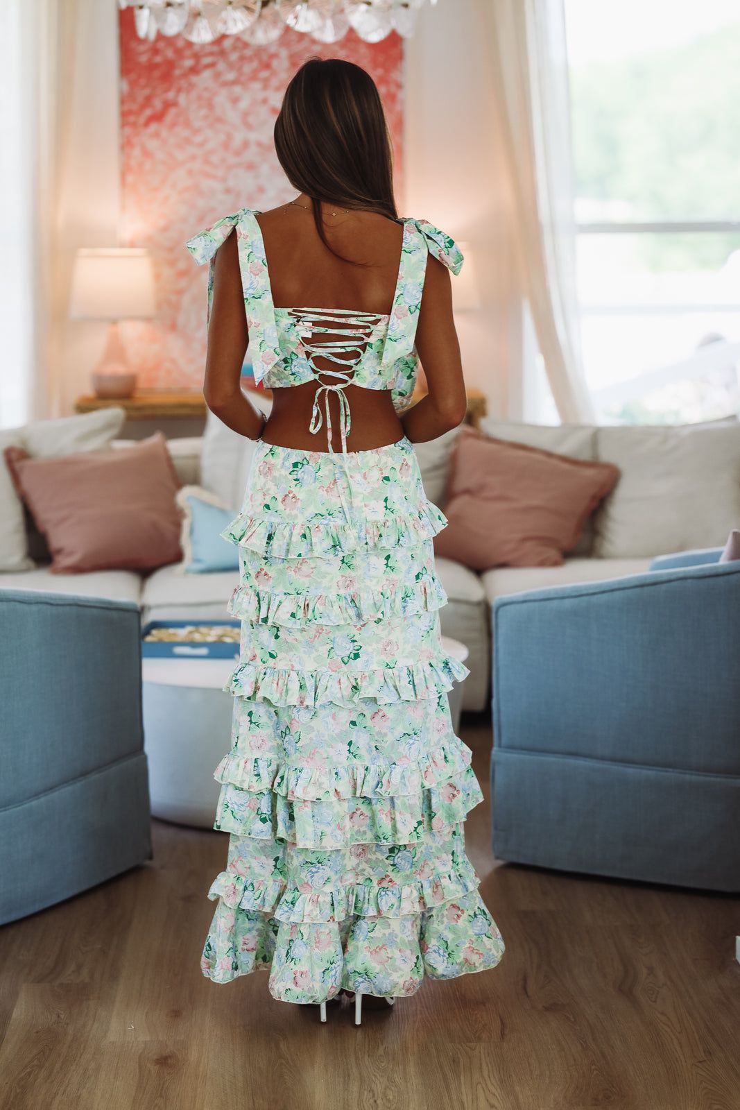 Spring Muse Print Ruffle Maxi Skirt - Green