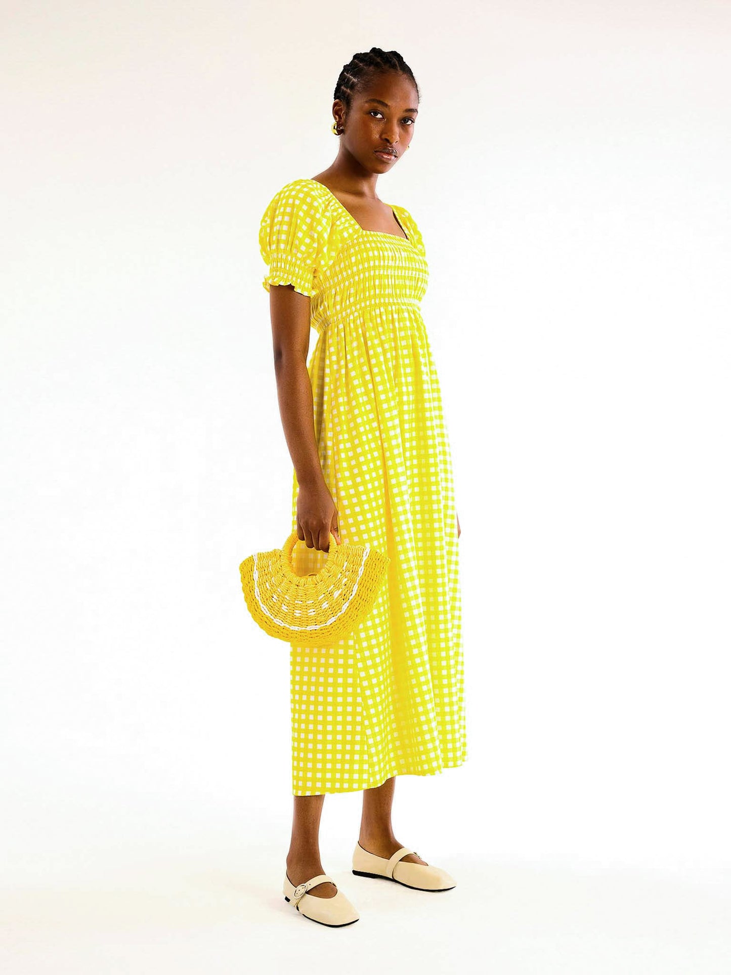 Megan Gingham Print Shirred Midi Dress in Yellow